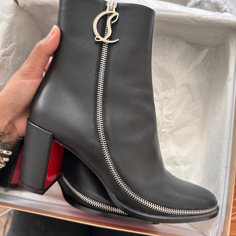 Louis Vuitton Black and Red Ankle Boots with Chunky Heel